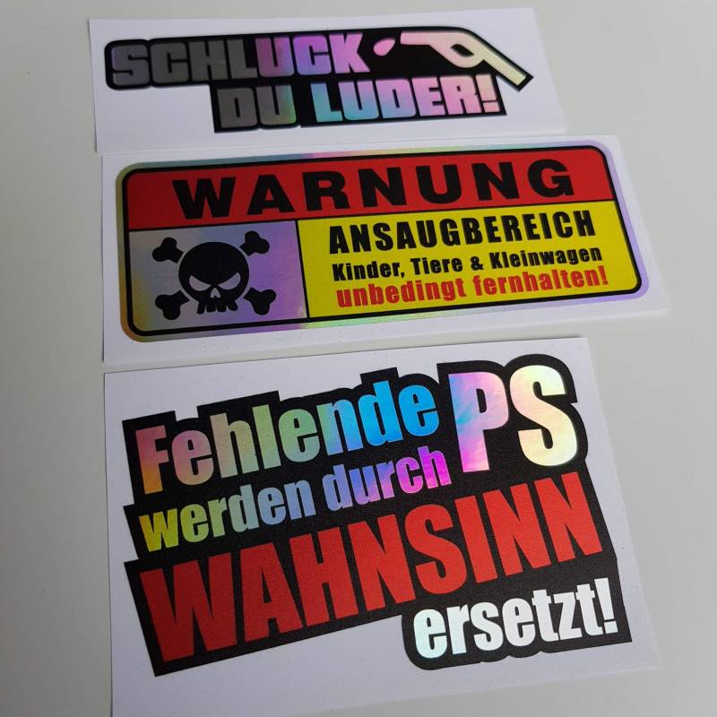 folien-zentrum - Aufkleberset 3 St. Ansaugbereich, Fehlende PS, Schluck du - Flip Flop Farbwechsel Oilslick Schwarz - hochwertiger Aufkleber Auto Tuning - JDM Autosticker - Autoaufkleber - Stickerbomb von folien-zentrum