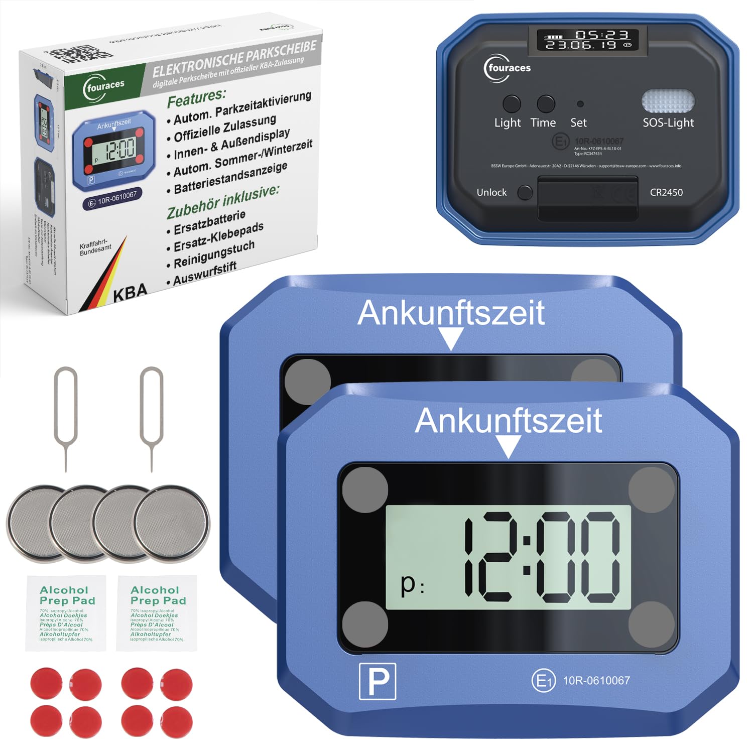 fouraces 2X elektronische Parkscheibe - Zulassung des Kraftfahrtbundesamtes - mit Ersatz Batterie, automatisch Sommer/Winterzeit, automatische elektrische Parkuhr fürs Auto, blau, Digitale Park Uhr von fouraces