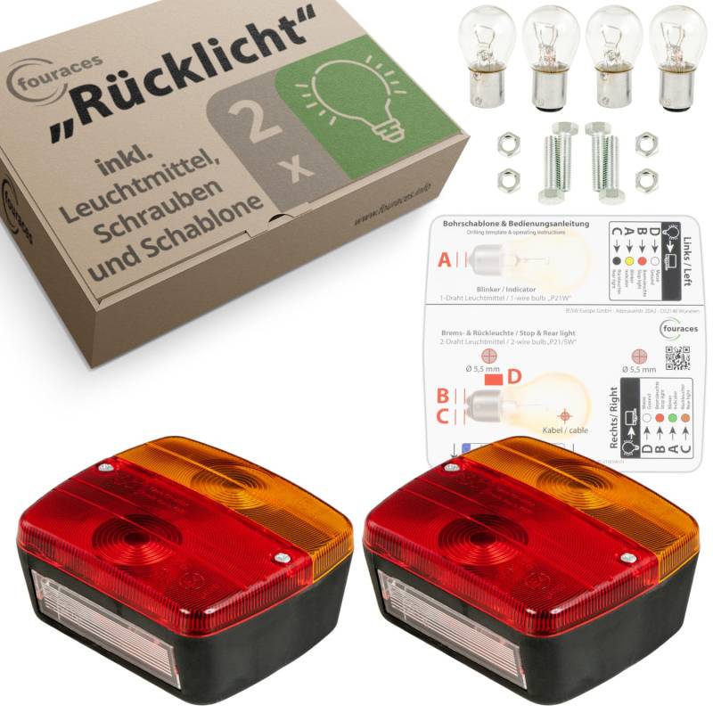 fouraces Anhänger Rückleuchten - 2 Set, mit Schaltplan und Kennzeichen Beleuchtung, Rückleuchte, Rücklicht, Zubehör, Licht, Lampen für PKW, Auto - Rücklichter, Anhängerlicht von fouraces