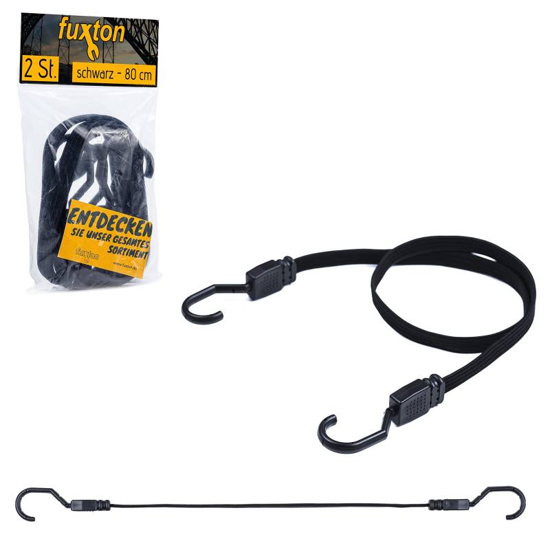 fuxton 2er Set Spanngummi kurz, flach mit Haken 80cm schwarz (Spanngurt, Gepäckgurt, Gummiband) für Gepäckträger, Fahrrad Träger, Rucksack, Auto, Camping und Motorrad von fuxton