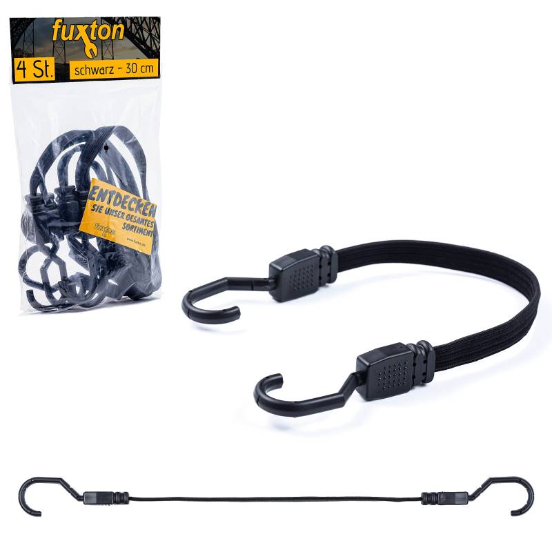 fuxton 4er Set Spanngummi kurz, flach mit Haken 30cm schwarz (Spanngurt, Gepäckgurt, Gummiband) für Gepäckträger, Fahrrad Träger, Rucksack, Auto, Camping und Motorrad von fuxton