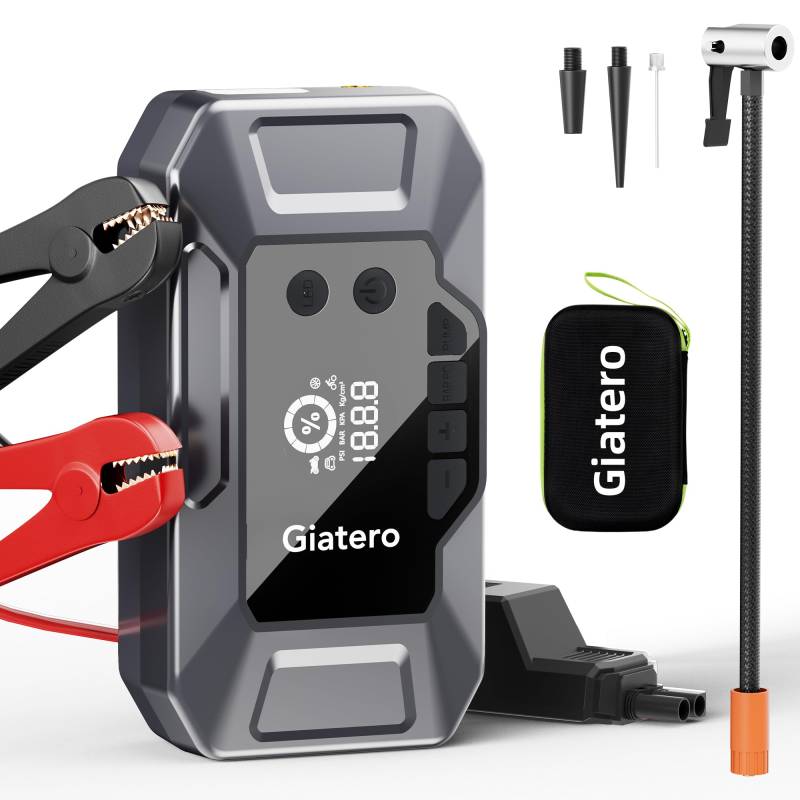 Giatero Auto Starthilfe Powerbank mit 150PSI Kompressor, 4000A Jump Starter Auto Starthilfe Motorrad 12V-Fahrzeuge mit LCD Bildschirm, USB QC3.0 mit LED Taschenlampe (für 10L Benzin 8L Diesel) von giatero