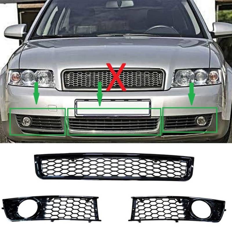 Waben- Gitter- Kühler- Sport- Front- Rippen- Grill für Stoßstange unten mit Lüftungsgittern Links Rechts Set Schwarz Glanz 3-teilig Passend für Audi A4 B6 von goingfast