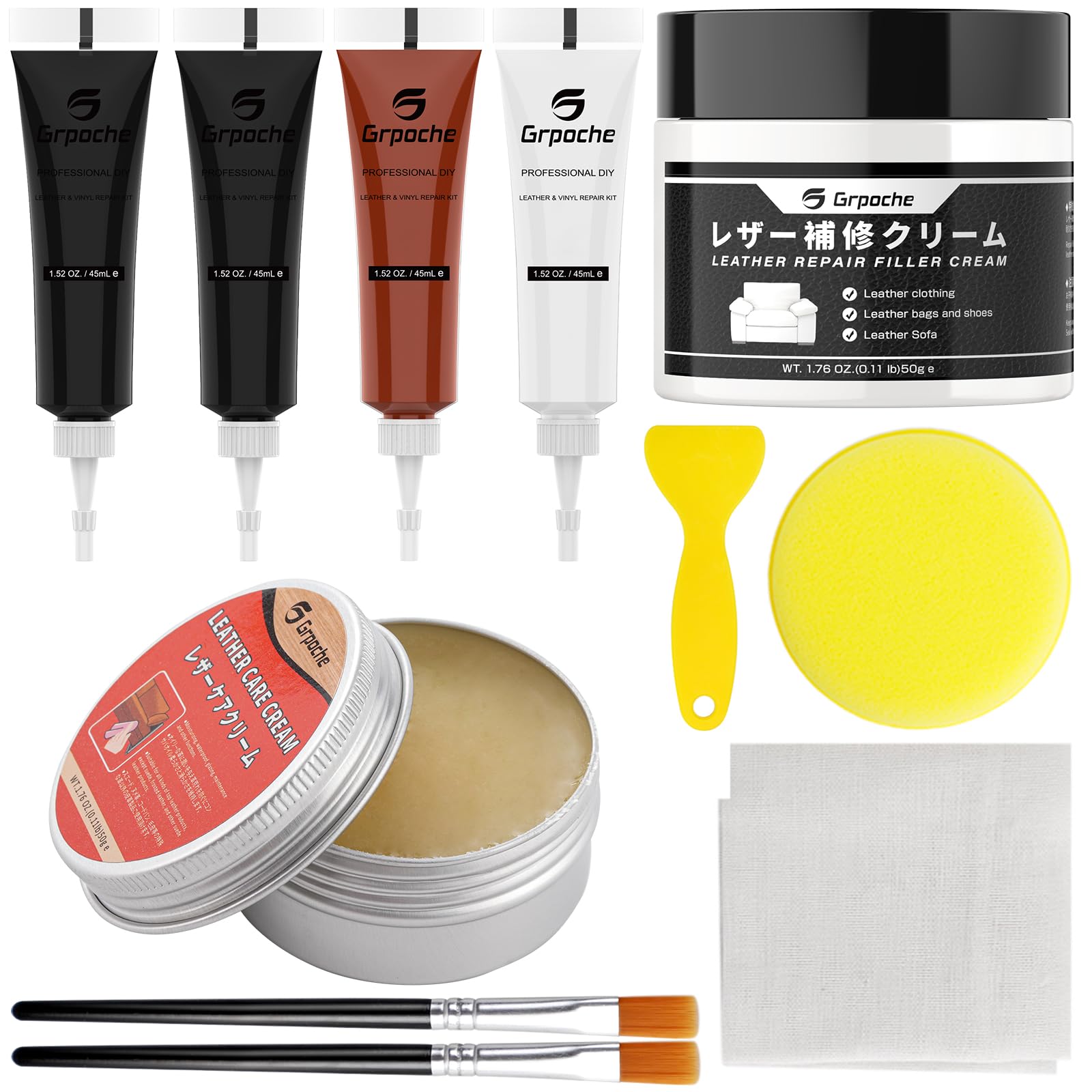 Leder Reparatur Set, 4 Farben Lederreparatur Creme, Flüssigleder Restaurator Kunstleder Reparaturset für Couchen, Jacken, Sofas, Autositze, Handtaschen, Gürtel, Schuhe von grpoche