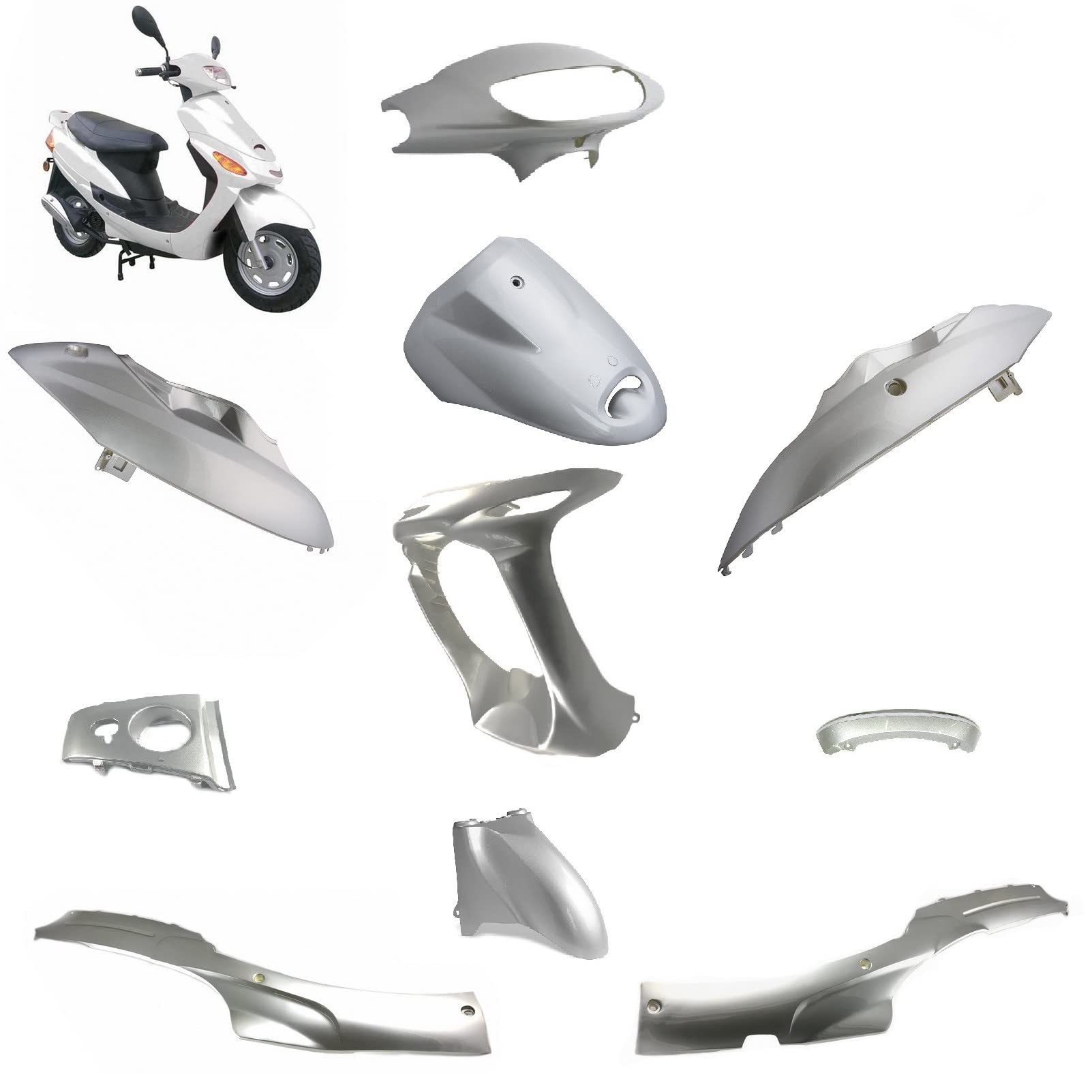 VERKLEIDUNG SET KOMPLETT in SILBER für BAOTIAN QT-9 SUKIDA MKS ECOBIKE JINLUN QT-5 REX RS MOTINO BENERO SPEEDY ECO-RUNNER CHINA ROLLER 50 GY6 von gy6-ersatzteile_de