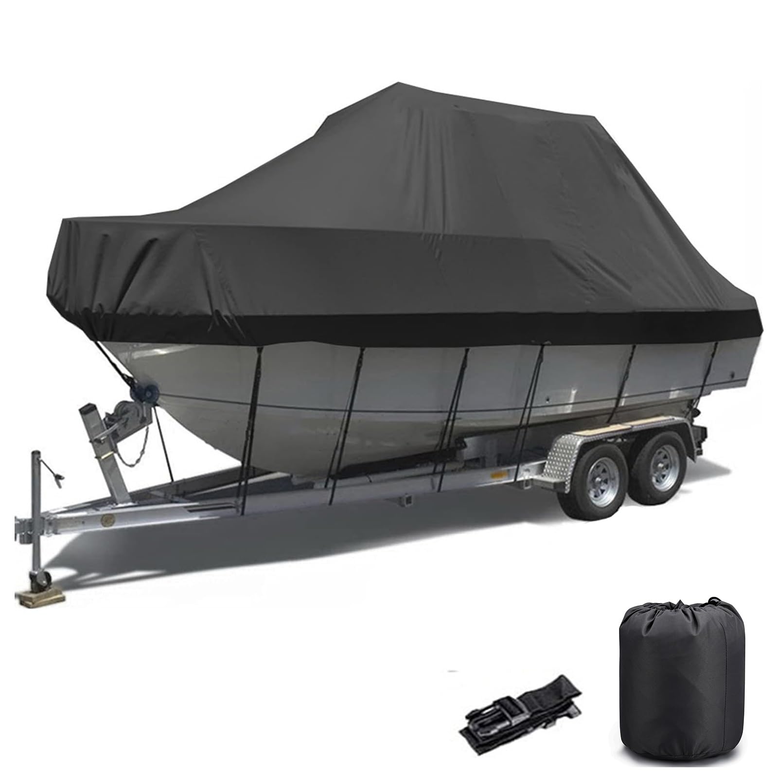 Bootsabdeckung Bootsplane 210D Trailer Abdeckplanen für Boote Boot Persenning Wasserdicht Anti-UV Bootskonsolenabdeckung für V-Rumpf,Schlauchboot,Ruderboot(Color:Black,Size:16to18FT: 636x332cm) von hardtry