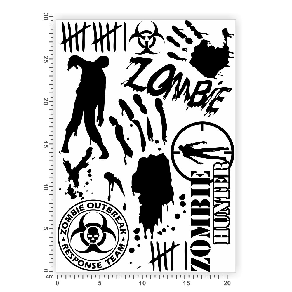 Bogengröße A4 - Zombie - Blut - Aufkleber - Set3 - Folie IN 15 Farben - Neon + Chrom! Sticker Aufkleber von hauptsachebeklebt