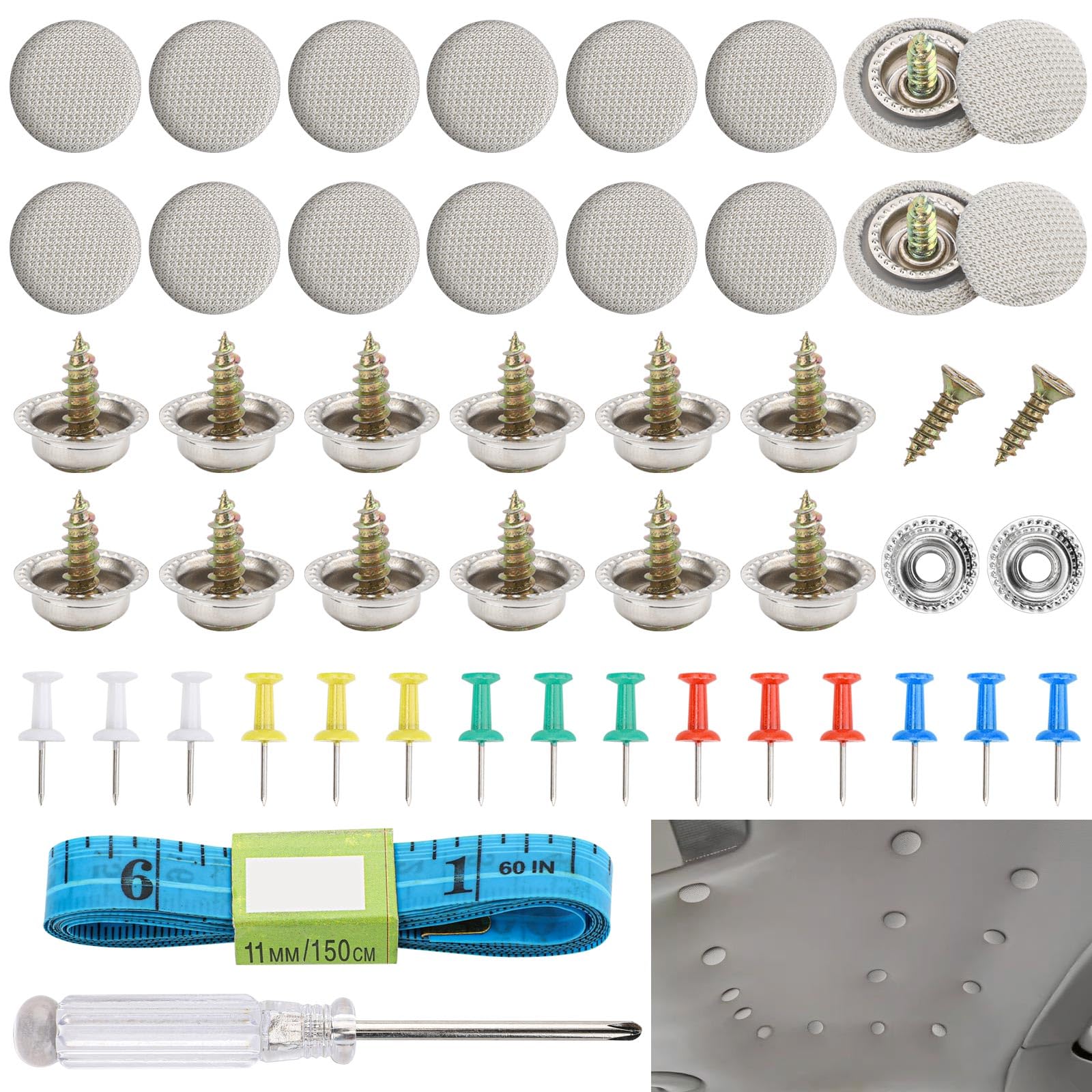 Dachhimmel Reparatur Set, 60 Stück Kfz Reparatur Nieten, Auto Himmel Reparieren, Dachhimmel Reparatur Knöpfe mit Stecknadeln Schraubendreher Maßband, Autohimmel Stoff Reparatur Set für Alle Autos von heedpeiur