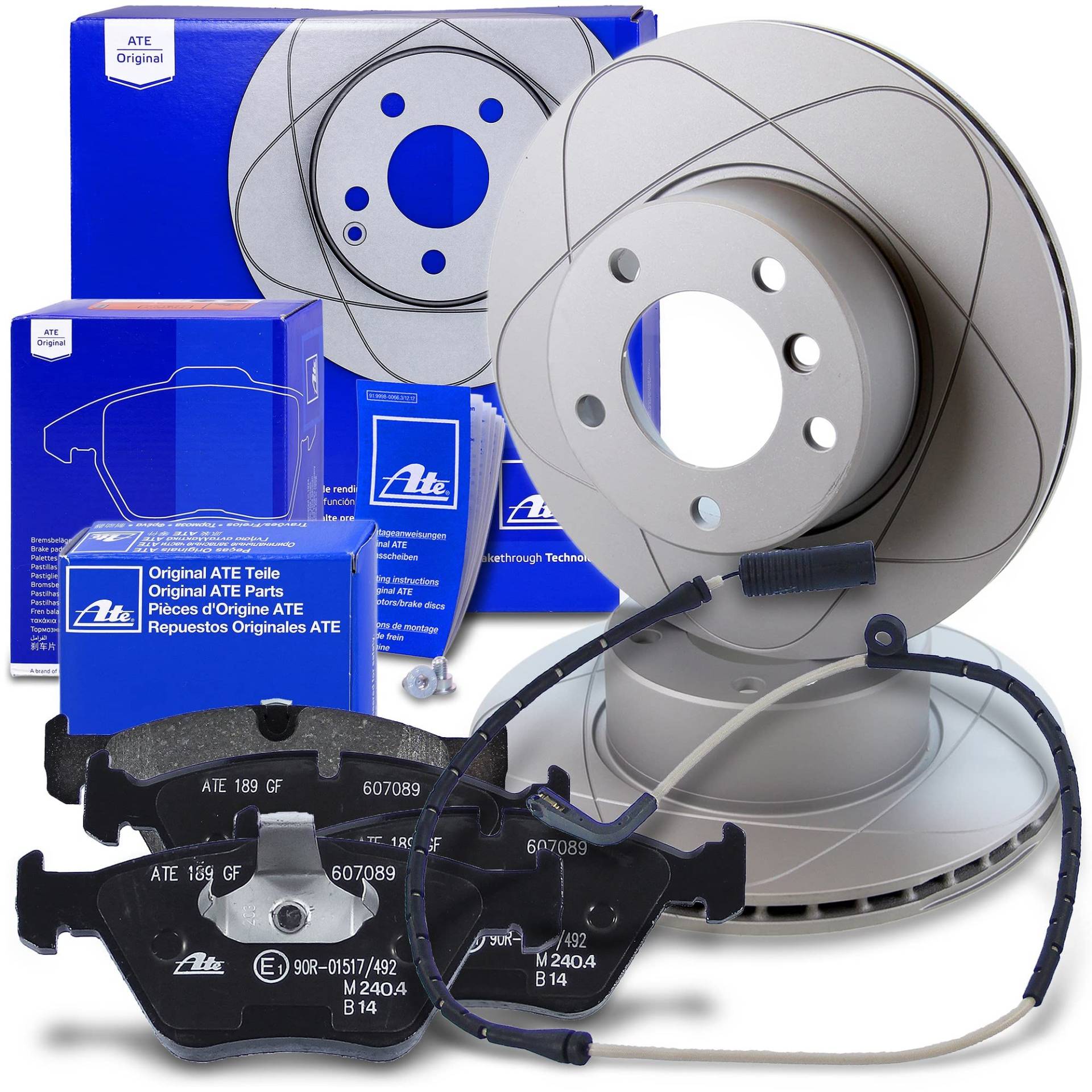 ATE Bremsenset Vorderachse inkl. PowerDisc Bremsscheiben vorne Ø 296 mm und Bremsbeläge vorne + Verschleißkontakt Kompatibel mit BMW 5er (E39), 5er Touring (E39) von hegehof