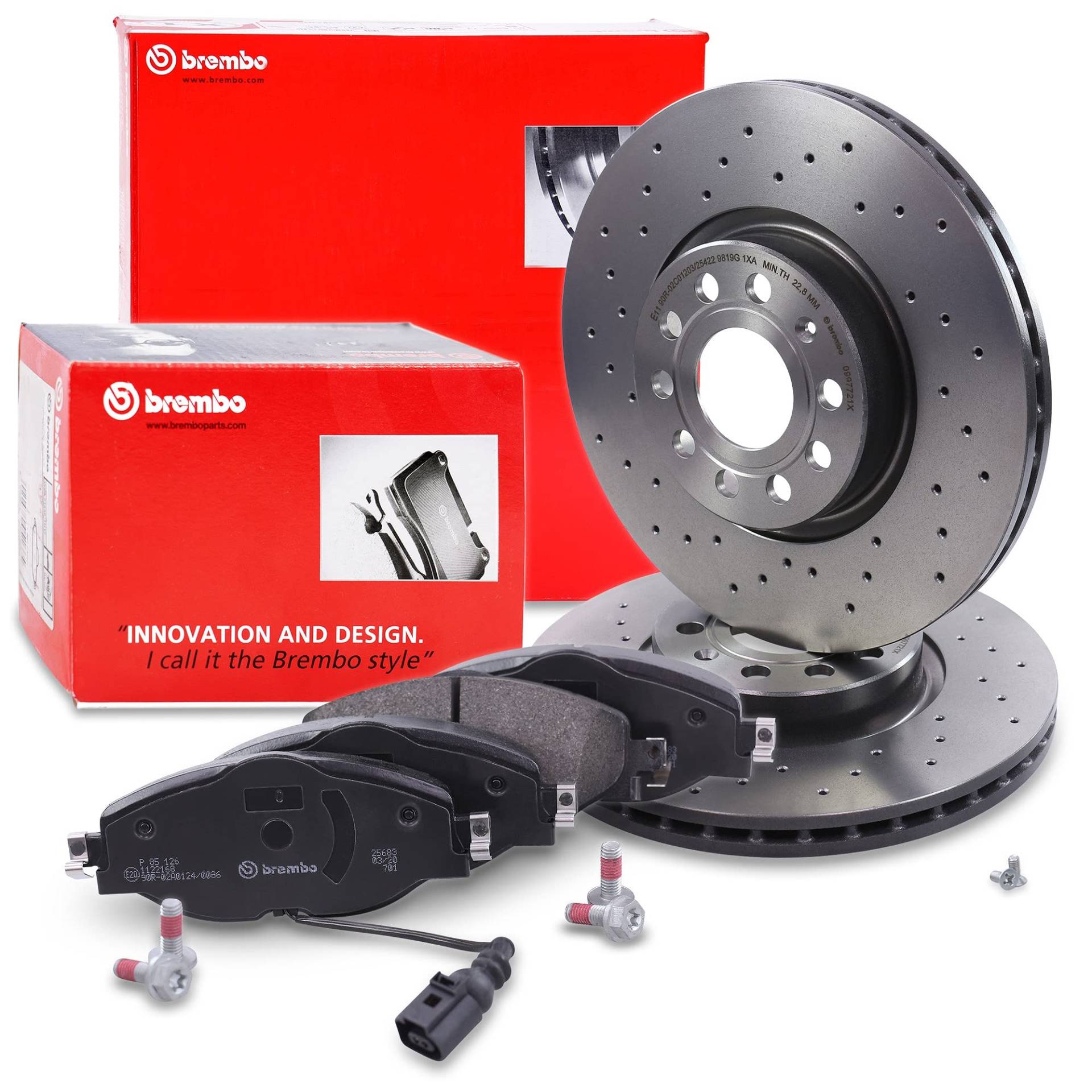 BREMBO Set di freni XTRA LINE asse anteriore incl. dischi freno sportivi forati anteriori Ø 312 mm ventilati e pastiglie freno anteriori + contatto di usura von hegehof