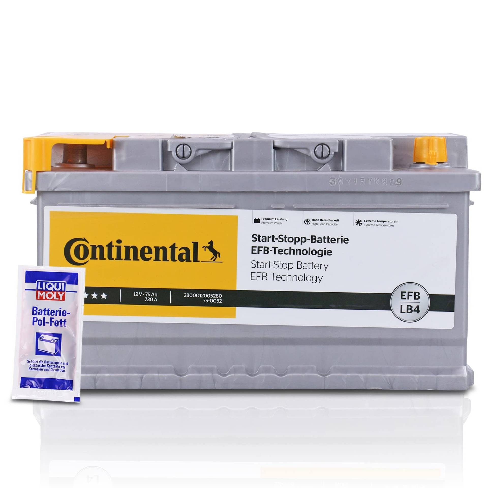 CONTINENTAL 2800012005280 Starterbatterie LB4 EFB-Batterie 12V 75Ah 730A + 1x 10g LIQUI MOLY Batterie-Pol-Fett von hegehof