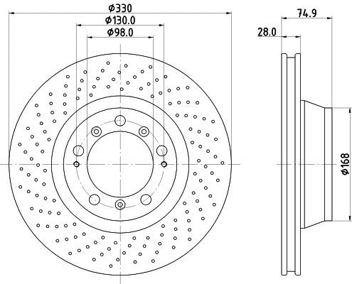 HELLA 8DD 355 135-051 Bremsscheibe - 55189PRO_HC - hochgekohlt - beschichtet - 330mm - 28mm - gelocht/innenbelüftet - für u.a. PORSCHE von Hella