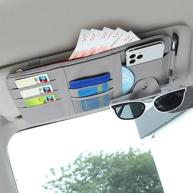 hifrom Auto Sonnenblende Organizer, Auto CD Hülle Halter, Sonnenbrille Halter, PU Leder, Tasche mit Reißverschluss, Auto Innenraum Zubehör Aufbewahrungstasche für Mobiltelefone, Bankkarten (Grau) von hifrom