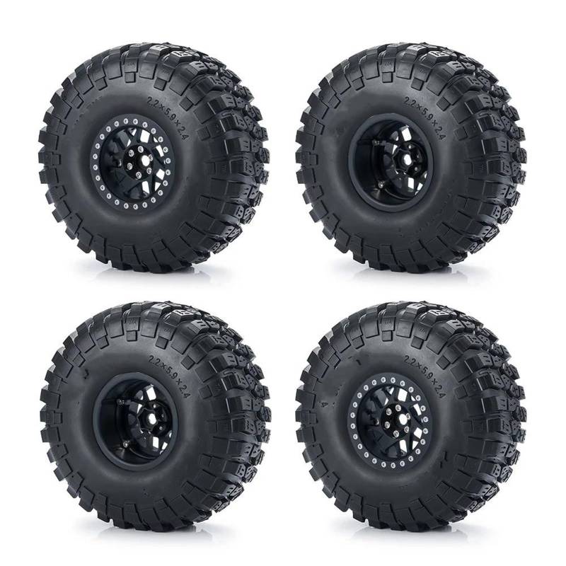 hjuink Beadlock Felgen Reifen Kompatibel Mit Axial RBX10 AXI03005 Für Wraith, 2,2 Zoll Räder Und Reifen, Bausatz Mit Metall-Beadlock-Felgennabe, Gummireifen, 1/10 RC Crawler Car(Black) von hjuink