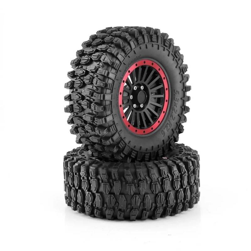 hjuink Beadlock Felgen Reifen Kompatibel Mit Axial SCX10 Für Wraith RR10 Für Capra Für Beadlock 1/10 RC Crawler Car, 4-teilig, 135 Mm, 2,6 Zoll, Metallfelge, Gummireifen-Set(Red) von hjuink