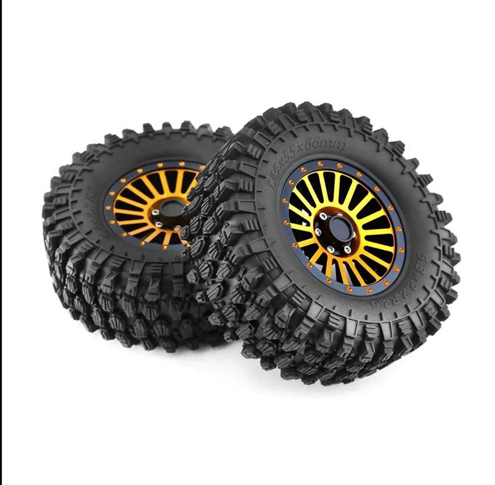 hjuink Beadlock Felgen Reifen Kompatibel Mit Axial SCX10 Für Wraith RR10 Für Capra Für Beadlock 1/10 RC Crawler Car, 4-teilig, 135 Mm, 2,6 Zoll, Metallfelge, Gummireifen-Set(Yellow) von hjuink