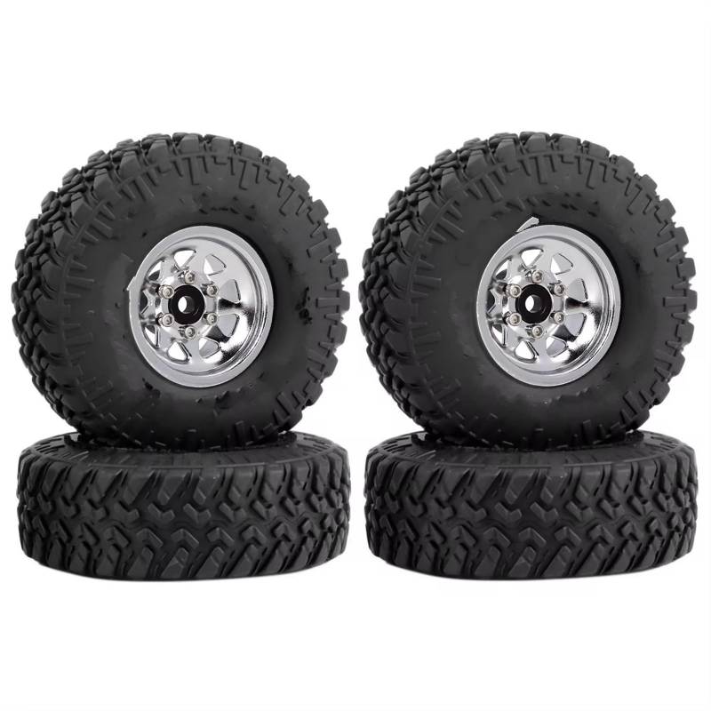 hjuink Beadlock Felgen Reifen Kompatibel Mit Axial SCX24 TRX4M Für FMS FCX24 1/18 1/24 RC Crawler Auto Upgrade Teile 4 Stücke Metall 1.0 "Deep Dish Rad Reifen Set(Silver) von hjuink