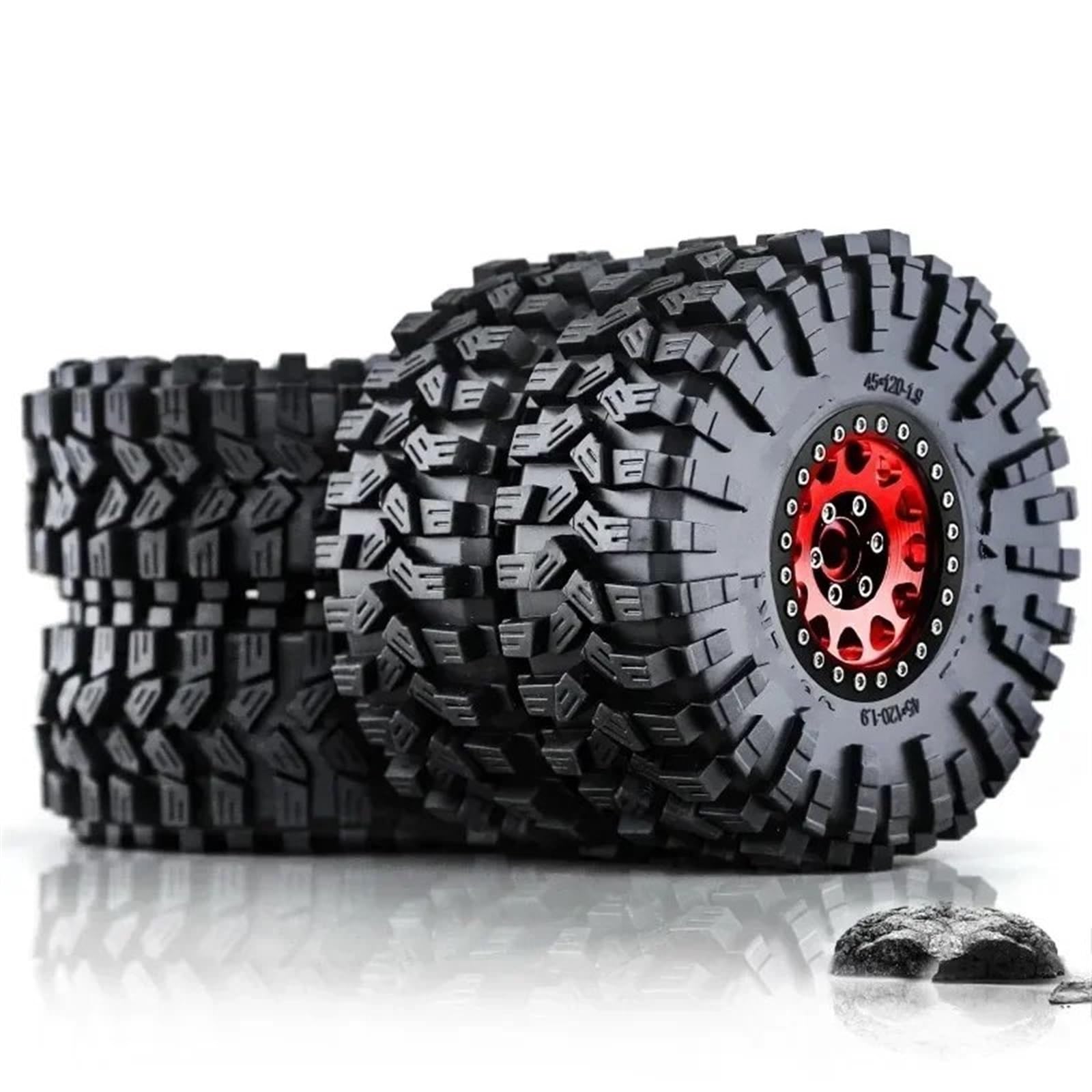 hjuink Beadlock Felgen Reifen Kompatibel Mit TRXS, Für TRX4, Für RC4WD D90, Für Axial 1/10 RC Crawler Car, 4 Stück, 120 Mm, 1,9 Zoll, Metall-Beadlock-Felge, Gummireifen(Red) von hjuink