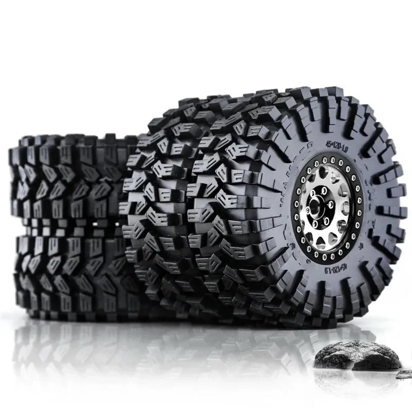 hjuink Beadlock Felgen Reifen Kompatibel Mit TRXS, Für TRX4, Für RC4WD D90, Für Axial 1/10 RC Crawler Car, 4 Stück, 120 Mm, 1,9 Zoll, Metall-Beadlock-Felge, Gummireifen(Silver) von hjuink