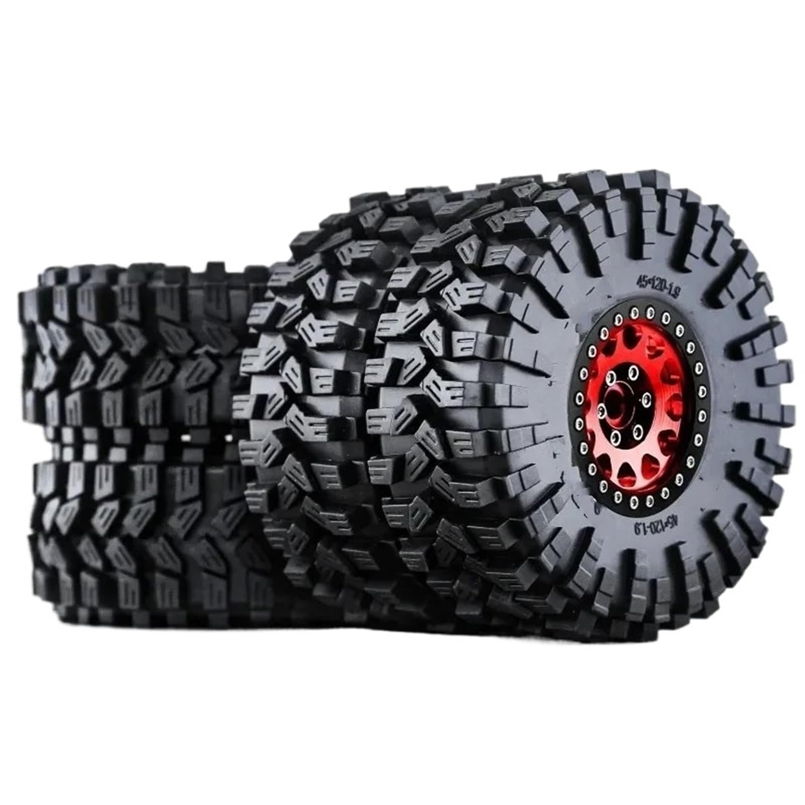 hjuink Beadlock Felgen Reifen Kompatibel Mit Trxs TRX4 RC4WD D90 Für Axial SCX10 II Für MST, 4 Stück, 120 Mm, 1,9 Zoll, Metall-Beadlock-Felge, Gummireifen, 1/10 RC Crawler Car(Red) von hjuink