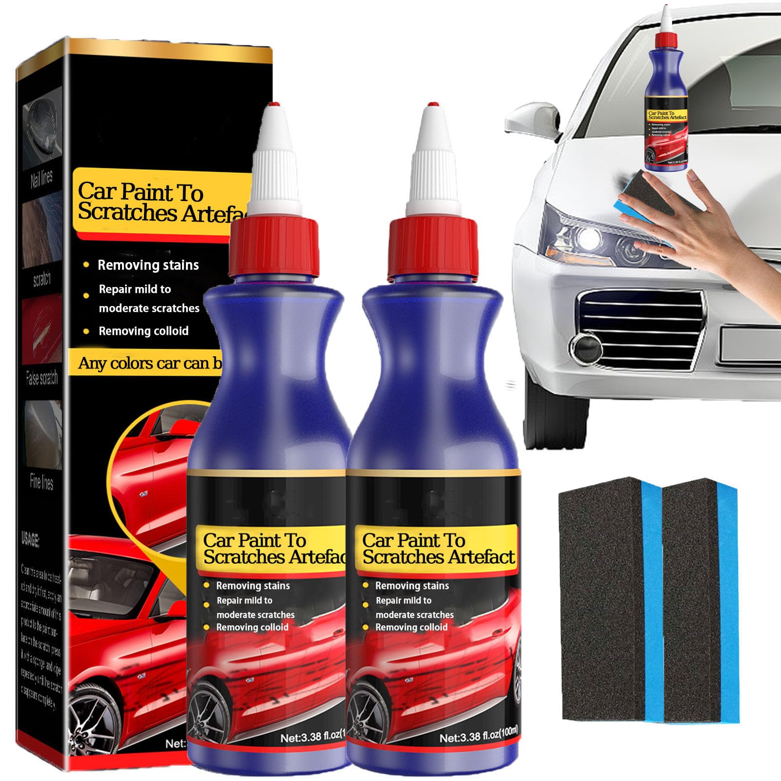 Car Paint to Scratches Artefact, Scratches Repair Wax for Car, Polierwachs zur Reparatur von Autokratzern mit Schwammtuch, Autolack-Restaurator und Dekontaminationsreinigung (2ps) von homomdy