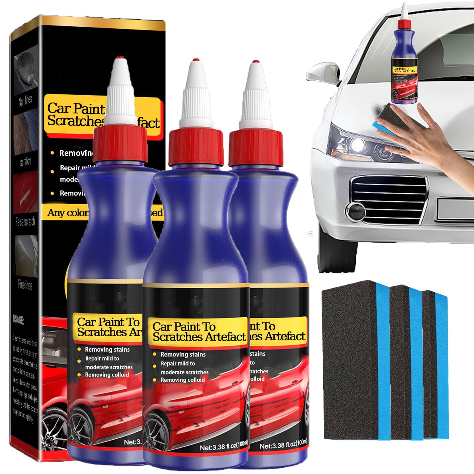 Car Paint to Scratches Artefact, Scratches Repair Wax for Car, Polierwachs zur Reparatur von Autokratzern mit Schwammtuch, Autolack-Restaurator und Dekontaminationsreinigung (3ps) von homomdy