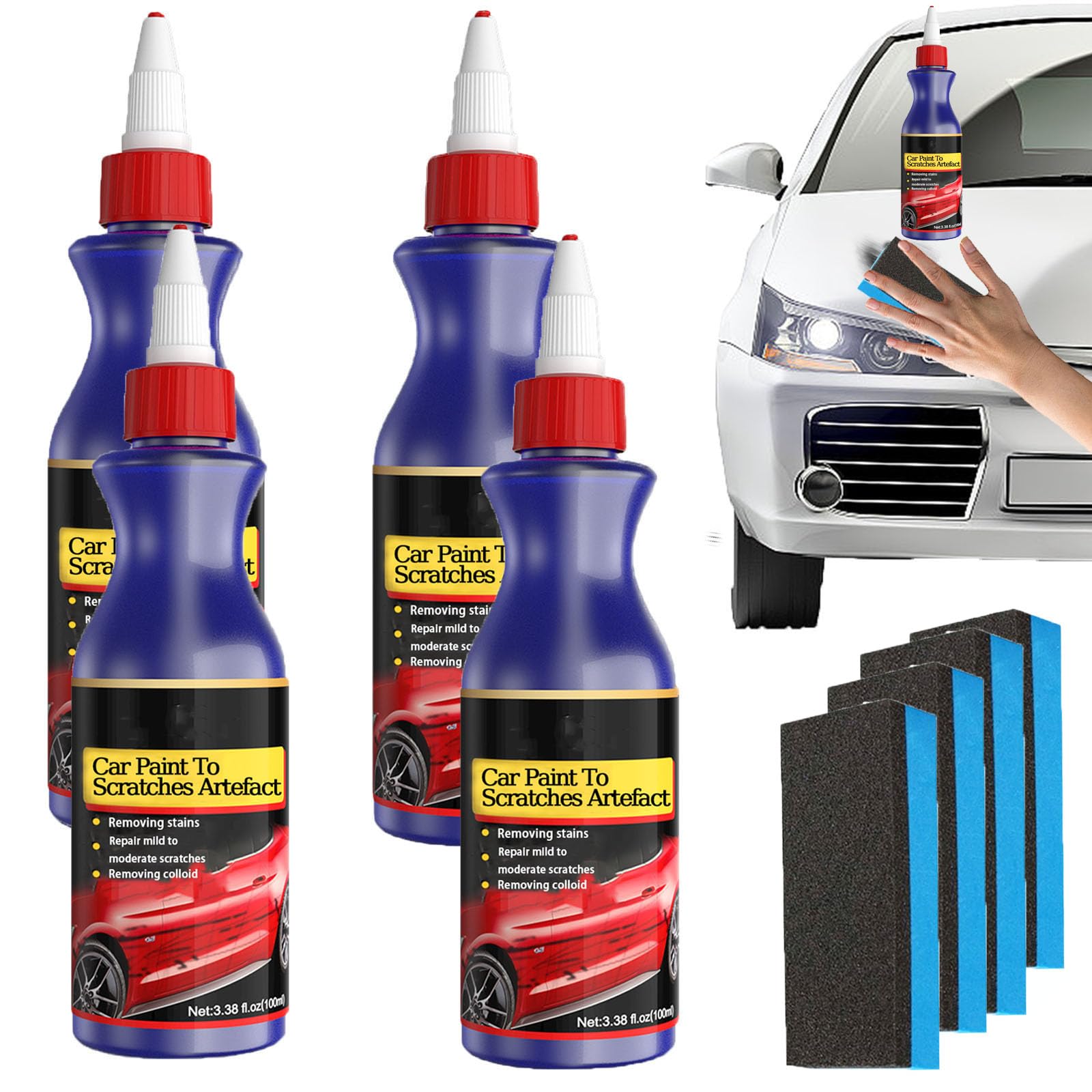 Car Paint to Scratches Artefact, Scratches Repair Wax for Car, Polierwachs zur Reparatur von Autokratzern mit Schwammtuch, Autolack-Restaurator und Dekontaminationsreinigung (4ps) von homomdy