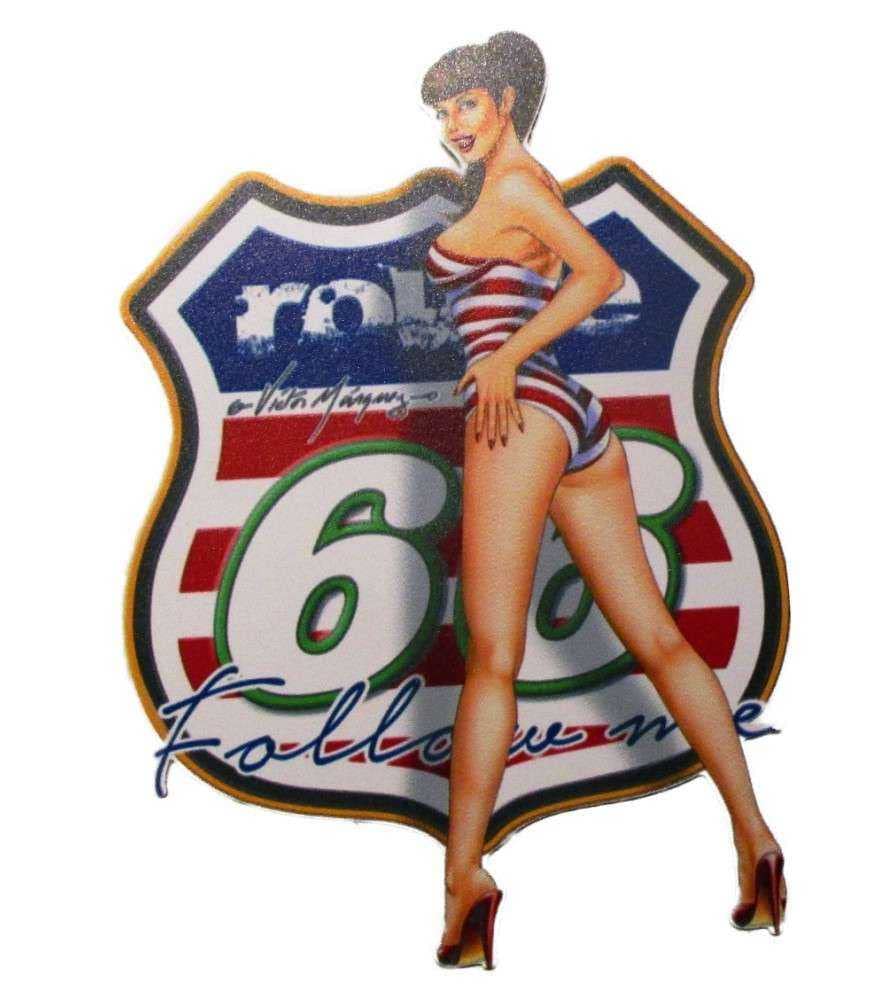 hotrodspirit - Sticker Pin-up Braun im Badeanzug und Wappen Route 66 Flagge USA 15 x 10,5 cm selbstklebend Sexy von hotrodspirit