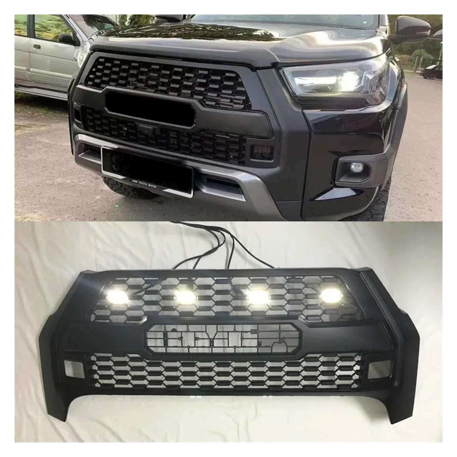 huanglanhuagr Modifizierte LED-Renngrills, kompatibel mit Toyota Hilux Revo Rocco 2021 2022 Pickup, Autokühler, Frontgrill, Stoßstangenmaske, obere Netzabdeckung(White LED) von huanglanhuagr