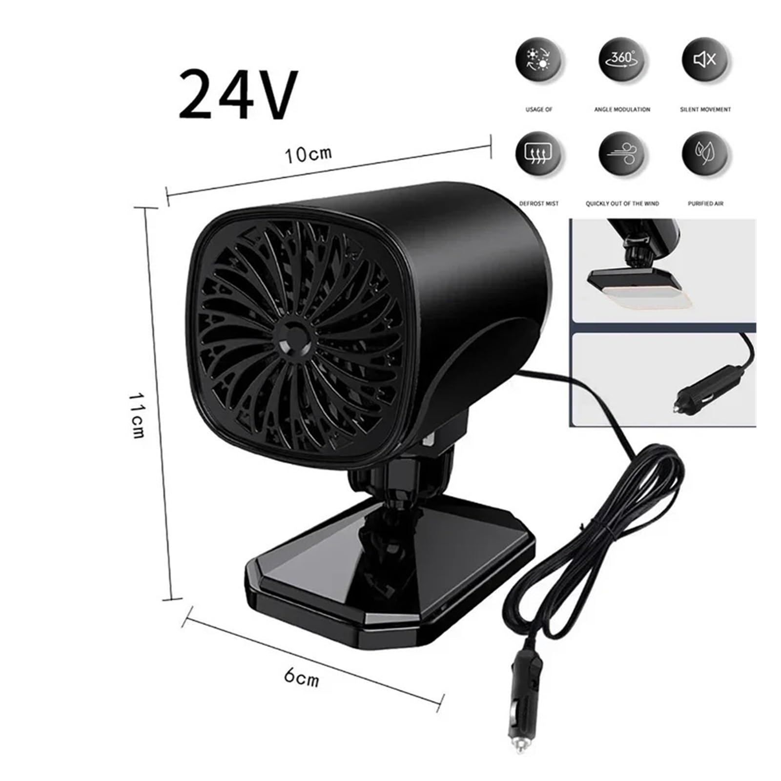 2in1 Autoheizung mit 1,4 m Zigarettenkabel 12 V 24 V Winter Windschutzscheibe Defroster Defogger Armaturenbrett Heizung und Lüfter Autokühler 120 W(24V Black) von huangtaogr