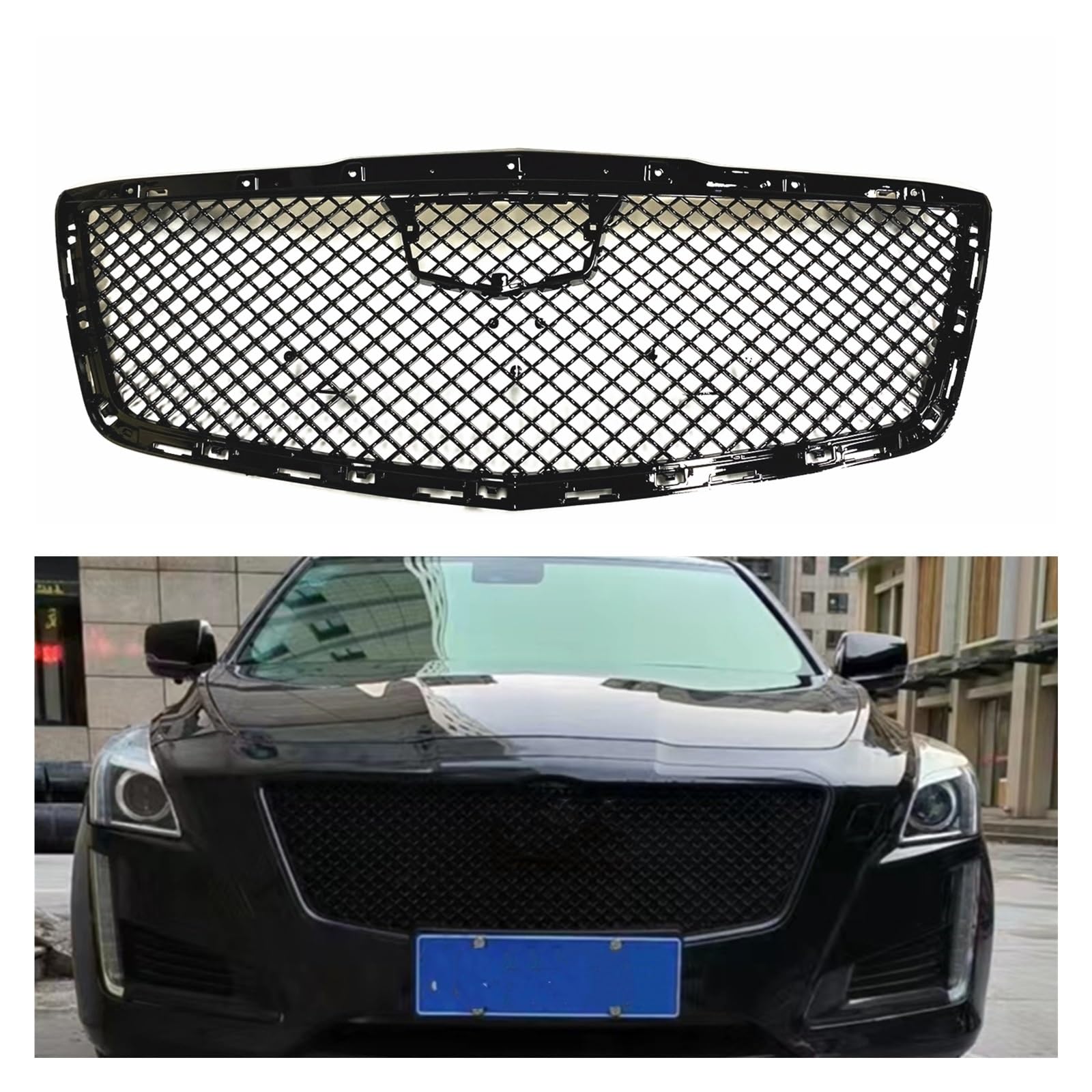 Grill Kühlergrill Kompatibel for Cadillac Cts Limousine 4 Tür 2014 2015 2016 2017 2018 2019 Glanz Schwarz Auto Oberen Stoßfänger Haube Mesh Grid Kit von huangtaogr