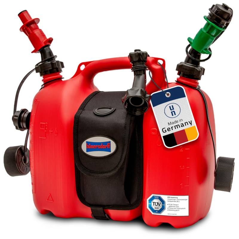 hünersdorff 805062 PROFI Doppelkanister / Kombikanister für Kraftstoff und Öl mit Satteltasche und zwei Einfüllsystemen, 6 + 3 Liter, UN-Zulassung, Made in Germany, Rot von hünersdorff