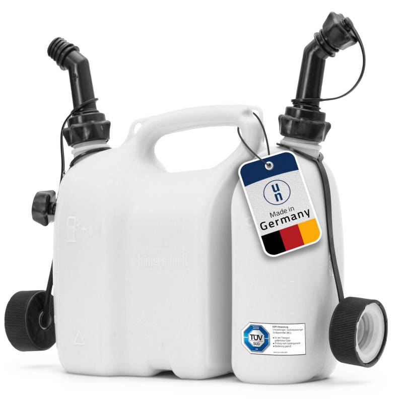 hünersdorff Doppelkanister/Kombikanister für Kraftstoff und Öl mit 2 Ablaufschläuchen, 3+1,5 Liter, UN-Zulassung, Made in Germany, Weiß von hünersdorff