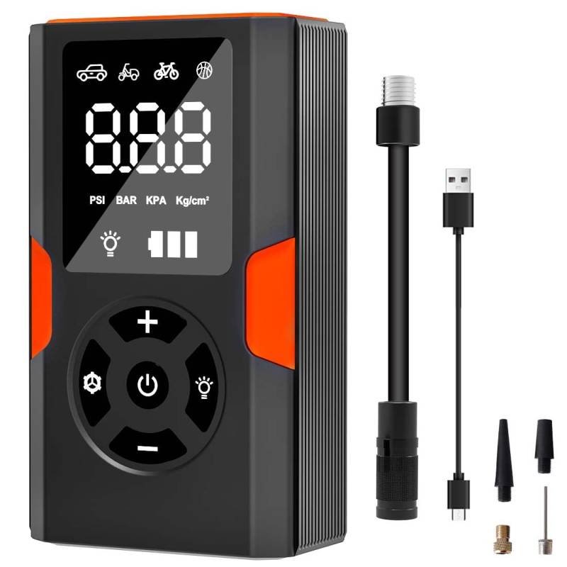 Tragbarer Luftkompressor Mini Reifenpumpe 12V 5000mAh Wiederaufladbarer Elektrischer Kompressor Fahrradpumpe 150PSI Luftpumpe mit Manometer für Auto Fahrrad Motorrad Bälle, AutoOff, USB-Powerbank von hxrfoak