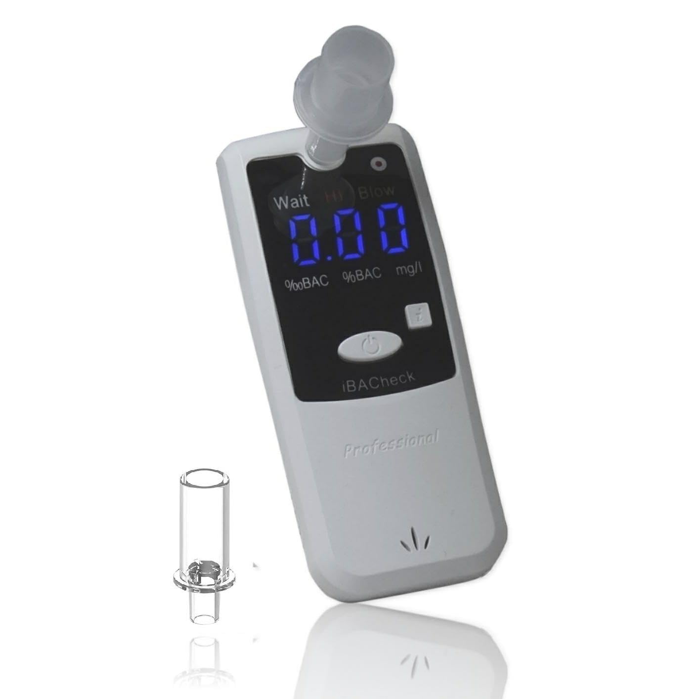 BACheck Alcohol Taschentester mit LED-Anzeige. Geringer Stromverbrauch und Testmöglichkeit ca. 350 Test. Einfache Bedienung mit 10 Speicherelementen zum Testvergleich von iBACheck