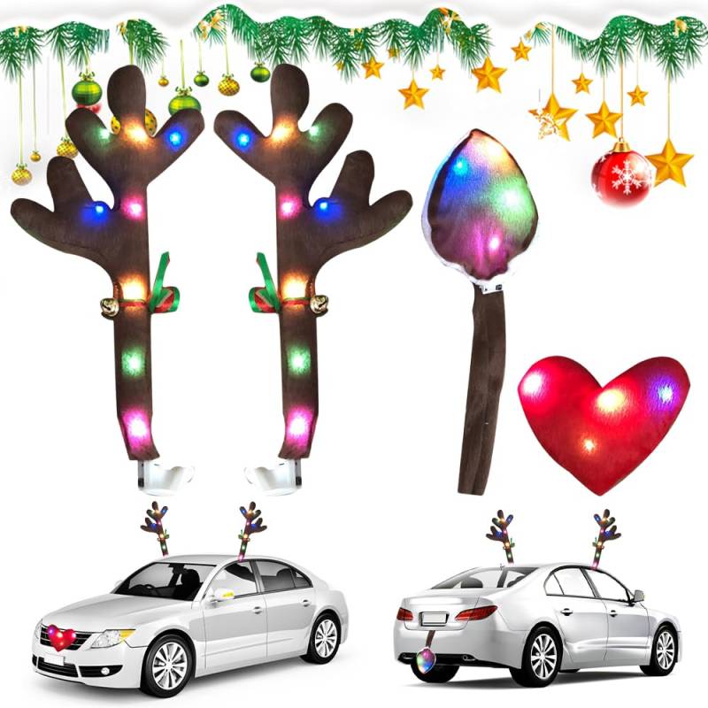 iKALULA 4 Pcs Rentier Auto Set, Weihnachten Elchgeweih, Rentier Deko Weihnachten mit Elchgeweih, Rote Nase, Schwanz, Weihnachtsdeko Auto Plüsch Rudolph Kostüm Set Deko Weihnachten für Auto SUV Van von iKALULA