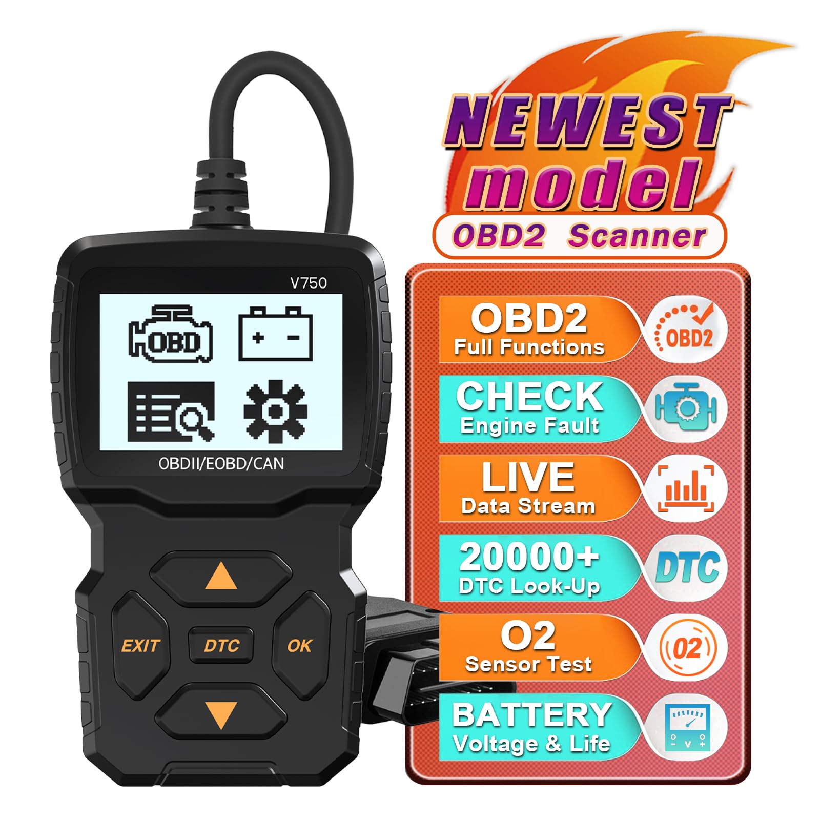 iKiKin Auto OBD2 Scanner OBD2 Codeleser, professionelles Auto Diagnosewerkzeug für die Überprüfung von Motorlichtern, Analyse der Autobatterspannung, kompatibel mit OBDII Protokoll Auto (Schwarz) von iKiKin