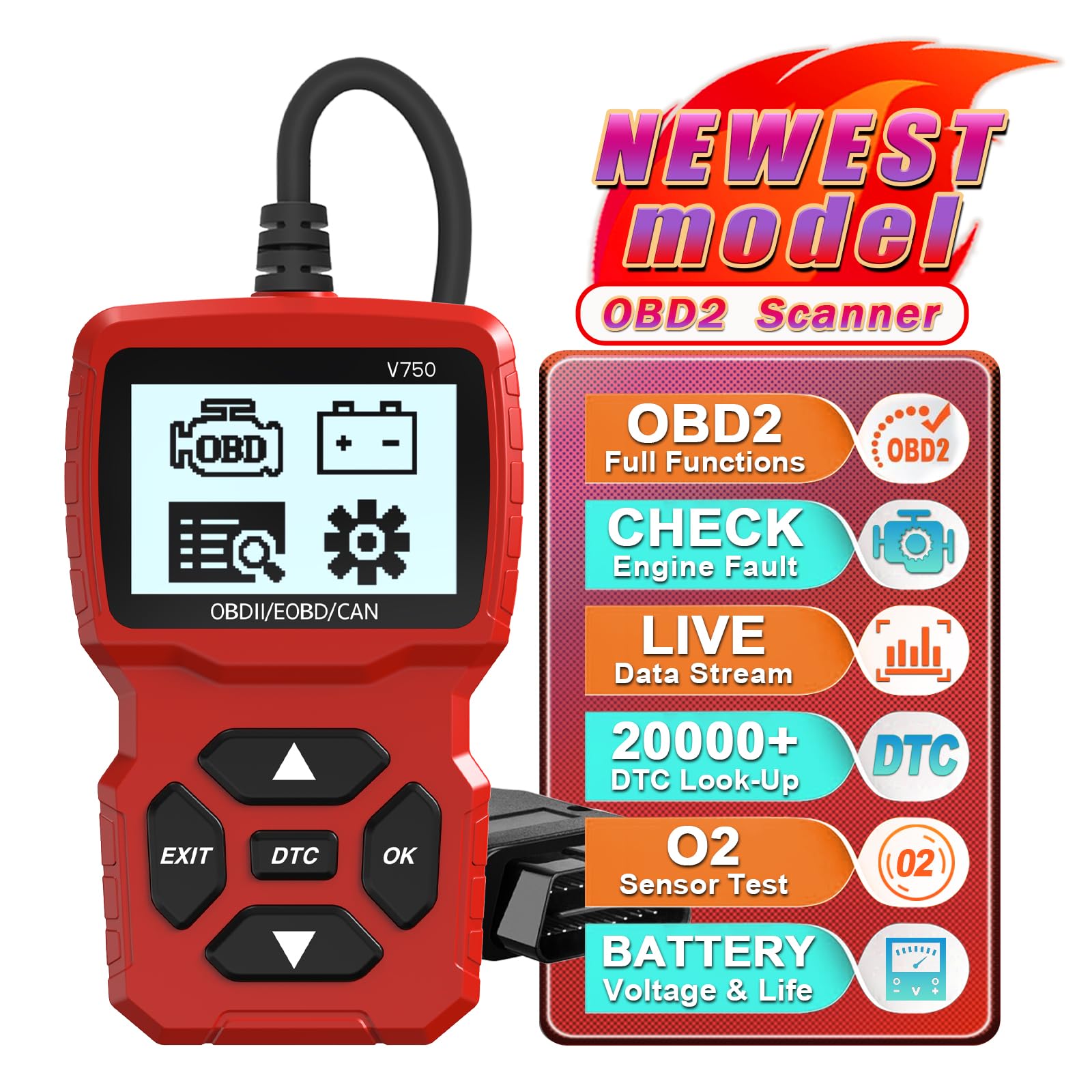 iKiKin Car OBD2 Diagnosegerät Auto OBD2 Scanner，OBD2 EOBD Motor Fehlercodeleser Scanner mit DTC Definition Spannungserkennung und Überwachung im Auto OBDII Protokoll im Auto Scanner（Strahlend Rot） von iKiKin