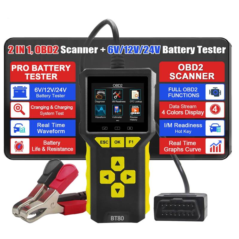 iKiKin OBD2 Diagnosegeräte Batterie Tester 2-in-1 Codeleser, 100-3300 CCA Batterie Last Tester mit Batterie Lade Start Test Vollständiges OBD2 Funktionsdiagnose Fehler Diagnose Instrument von iKiKin