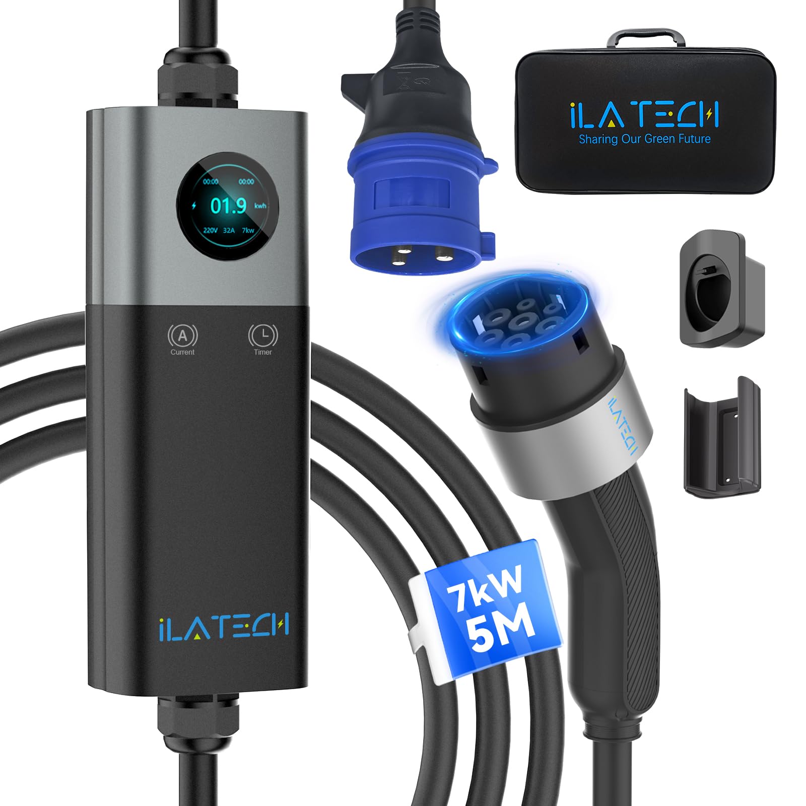 iLa Tech Ladekabel Typ 2 CEE Stecker 7kW 5M, EV Ladegerät 32A 1-Phasig mit Einstellbarer Ladeleistung, LCD Display, IP65 Schutzniveau, Mobile Wallbox mit Kabelhalterung und Aufbewahrungstasche von iLa Tech