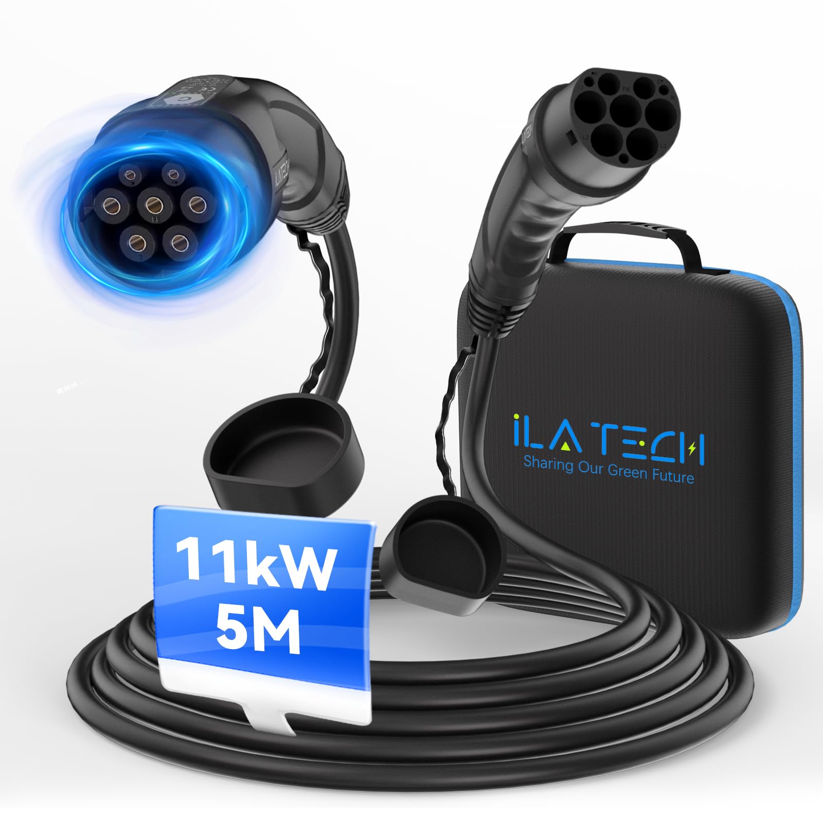 iLa Tech Typ 2 Ladekabel 11kW/16A/5 Meter/3-Phasig, E Auto Ladekabel Elektroauto mit Tragetasche und Klettverschluss, Mennekes Mode 3 Kabel Geeignet für PHEV, BEV, EV von iLa Tech