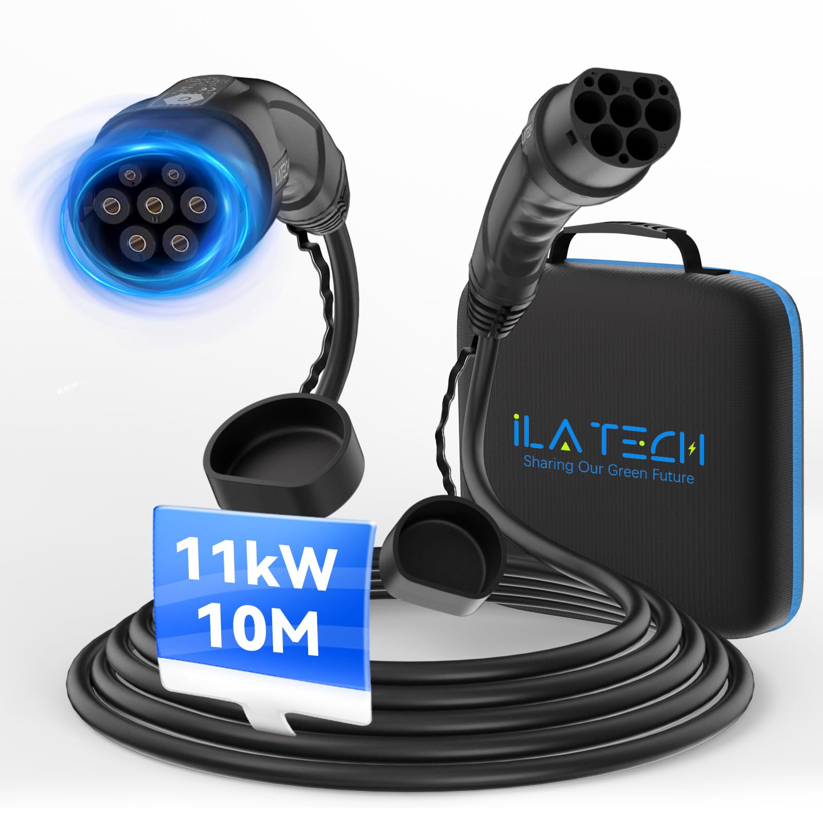 iLa Tech Typ 2 Ladekabel 11kW 10M 16A 3 Phasig, Ladekabel Elektroauto Typ 2 mit Tragetasche, Typ 2 auf Typ 2, Mennekes Mode 3 Kabel für E Auto EV PHEV Geeignet für Model 3/S/X/Y Zoe ID.3 ID.4 E-Tron von iLa Tech