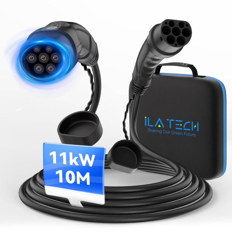 iLa Tech Typ 2 Ladekabel 11kW 10M 16A 3 Phasig, Ladekabel Elektroauto Typ 2 mit Tragetasche, Typ 2 auf Typ 2, Mennekes Mode 3 Kabel für E Auto EV PHEV Geeignet für Model 3/S/X/Y Zoe ID.3 ID.4 E-Tron von iLa Tech