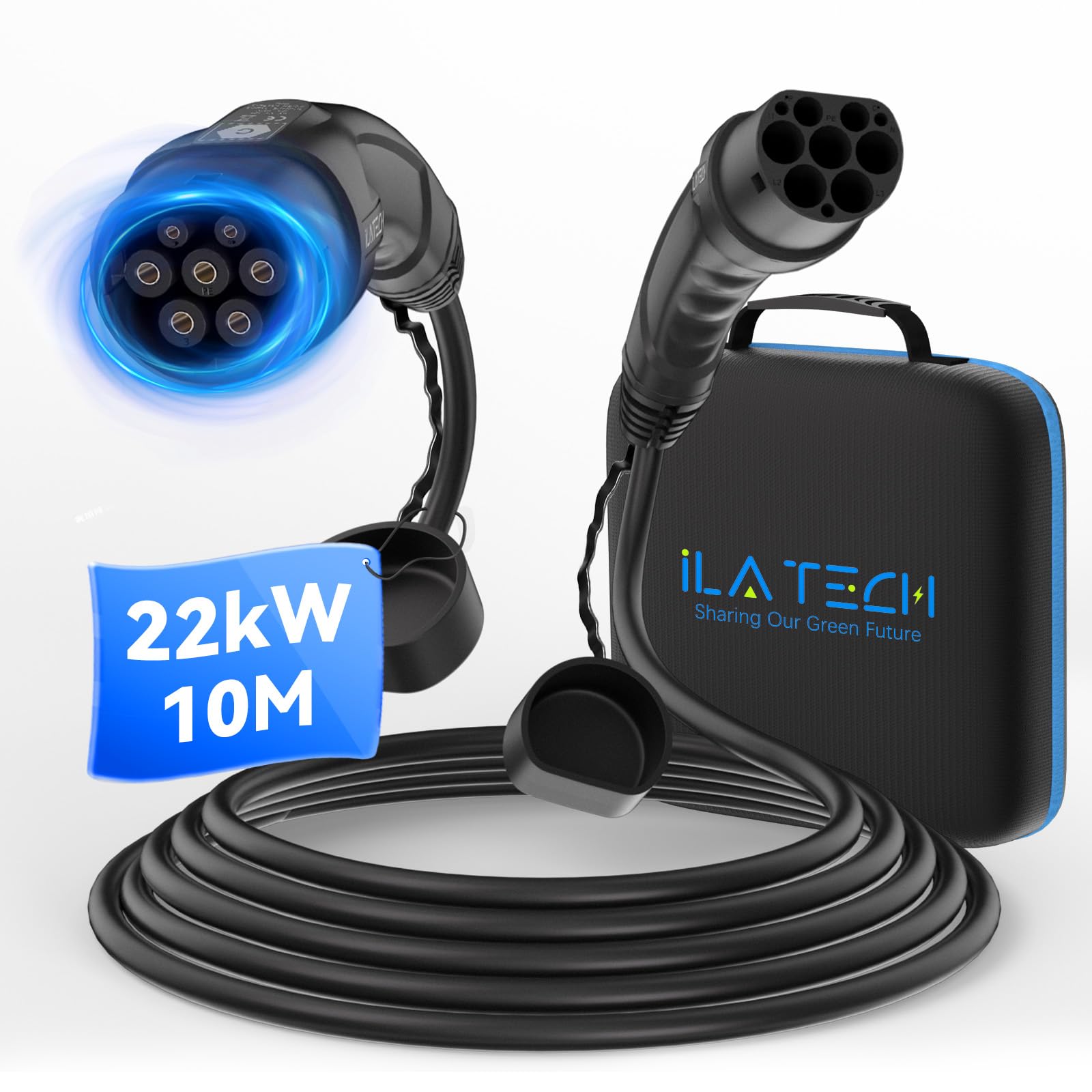 iLa Tech Typ 2 Ladekabel 22kW 10M 32A 3 Phasig, Ladekabel Elektroauto Typ 2 mit Tragetasche, Typ 2 auf Typ 2, Mennekes Mode 3 Kabel für E Auto EV PHEV Geeignet für Model 3/S/X/Y Zoe ID.3 ID.4 E-Tron von iLa Tech