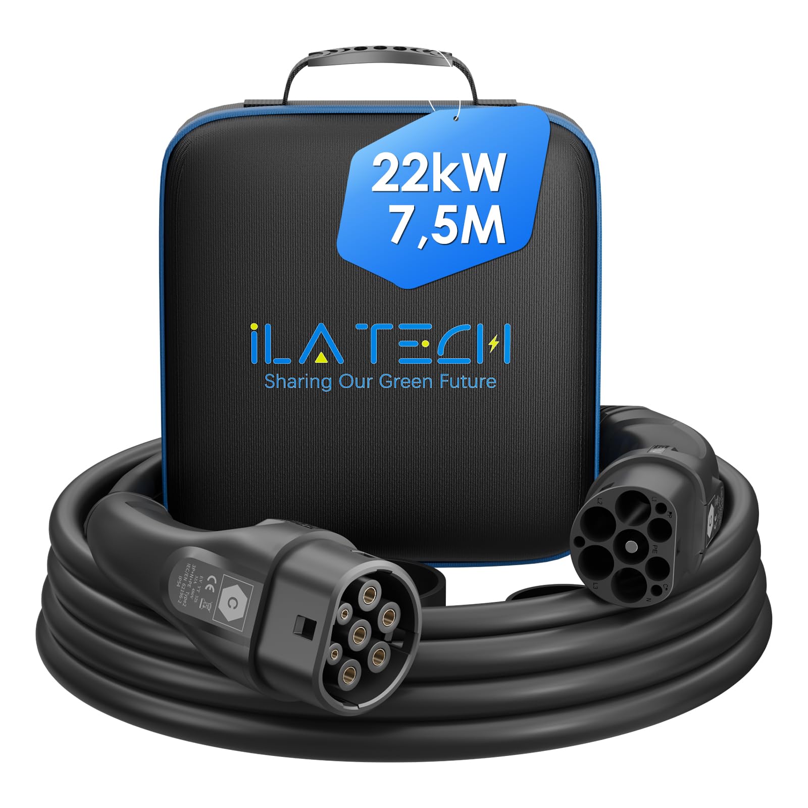 iLa Tech Typ 2 Ladekabel 22kW 7.5M 32A 3 Phasig, Ladekabel Elektroauto Typ 2 mit Tragetasche, Typ 2 auf Typ 2, Mennekes Mode 3 Kabel für E Auto EV PHEV Geeignet für Model 3/S/X/Y Zoe ID.3 ID.4 E-Tron von iLa Tech