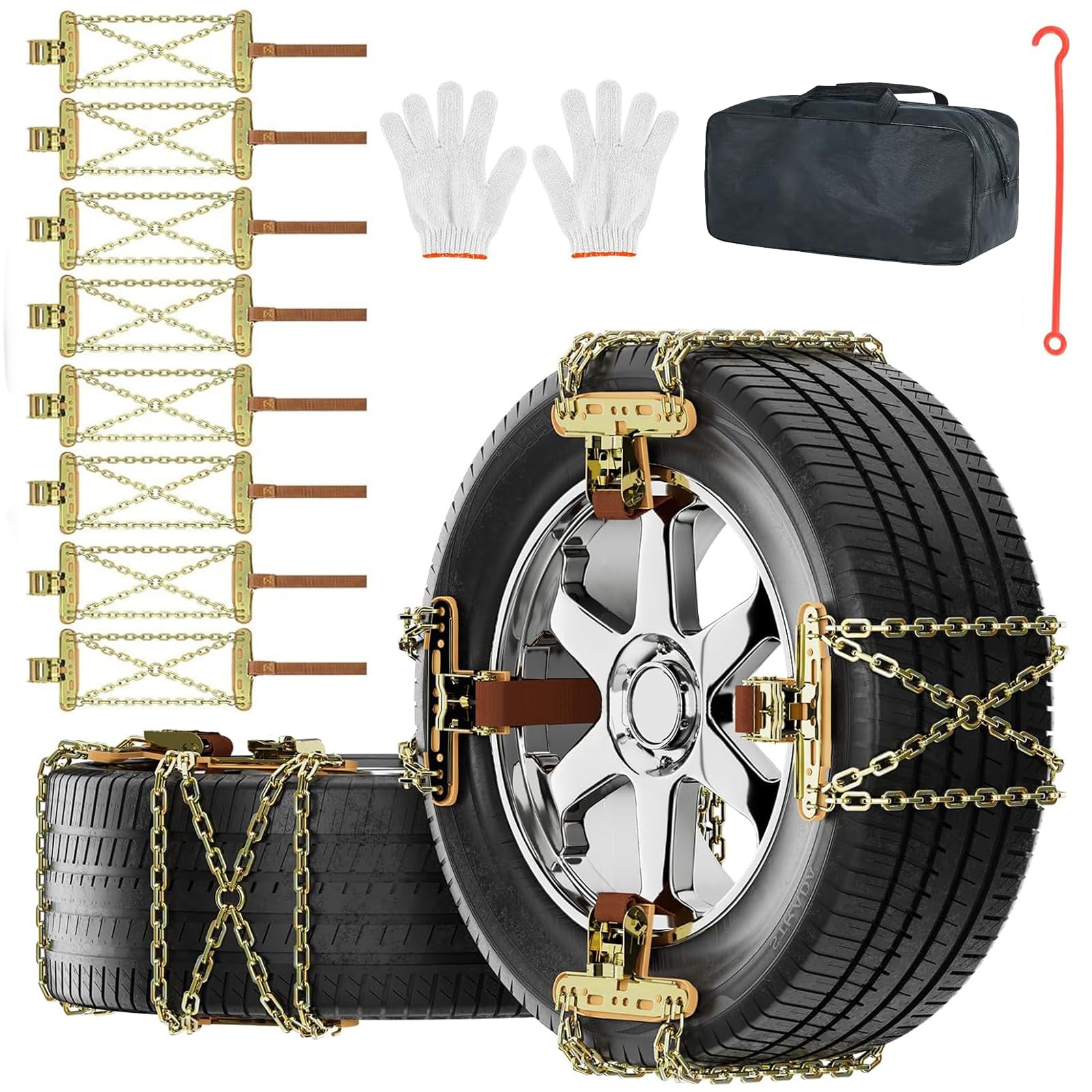 Schneeketten, 8 Stück Notfall Abschleppassistent Schneeketten, Verdickte Hochleistungs Schneeketten, Universelle Tragbare Sicherheitsreifenketten für Auto/SUV/LKW (Reifenbreite 195–235 mm) von iRabey