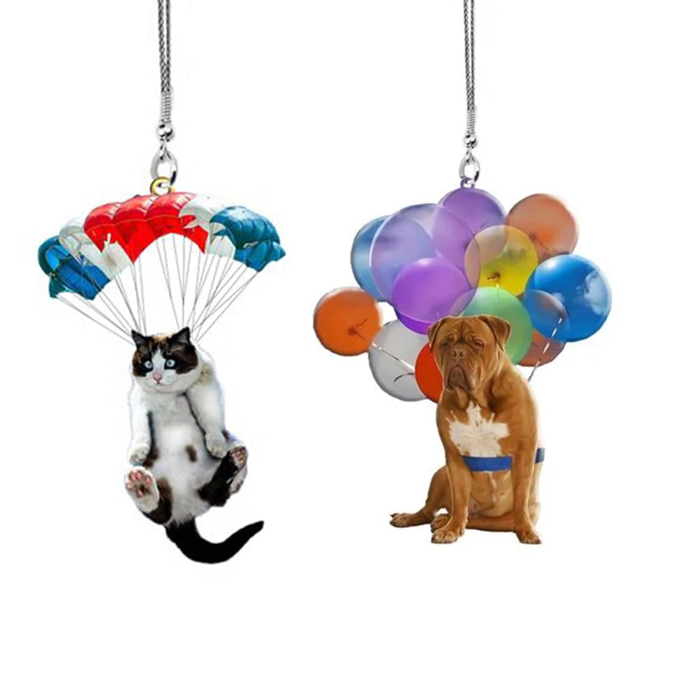 2pcs Nette Katze Rückspiegel Ornament, Katze Auto Hängen Anhänger mit Bunte Ballon, Katze Hund Hängende Anhänger Ornament Auto Dekor Rückspiegel Anhänger Auto Innendekoration Styling Zubehör von iSpchen