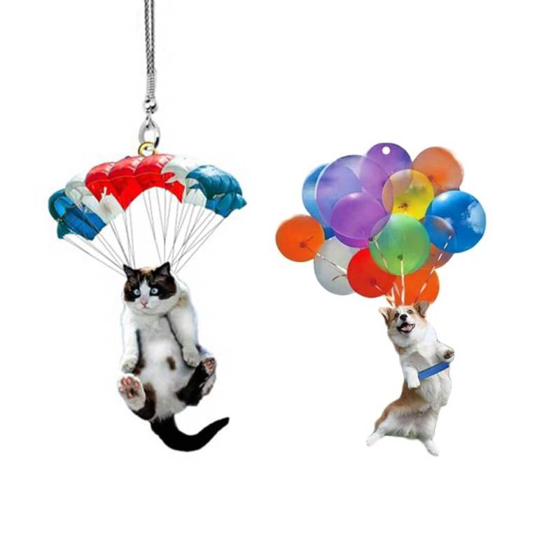 2pcs Nette Katze Rückspiegel Ornament, Katze Auto Hängen Anhänger mit Bunte Ballon, Katze Hund Hängende Anhänger Ornament Auto Dekor Rückspiegel Anhänger Auto Innendekoration Styling Zubehör von iSpchen