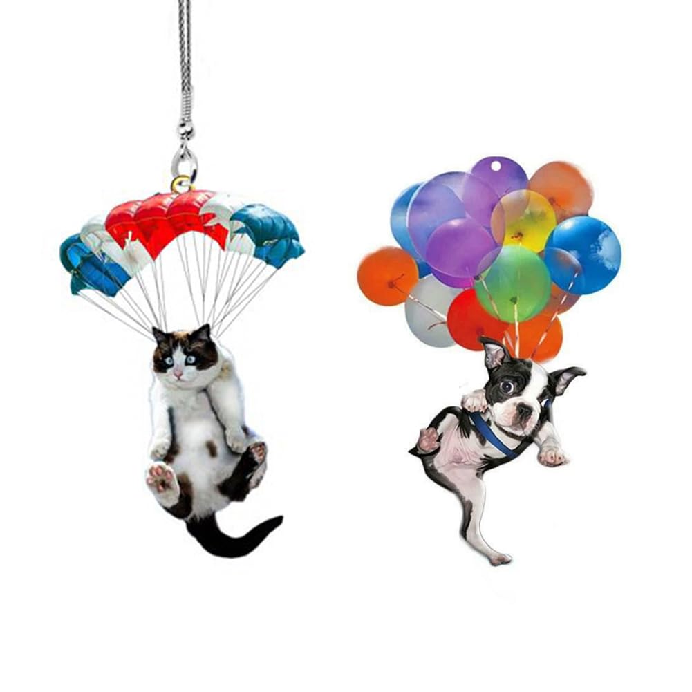 2pcs Nette Katze Rückspiegel Ornament, Katze Auto Hängen Anhänger mit Bunte Ballon, Katze Hund Hängende Anhänger Ornament Auto Dekor Rückspiegel Anhänger Auto Innendekoration Styling Zubehör von iSpchen