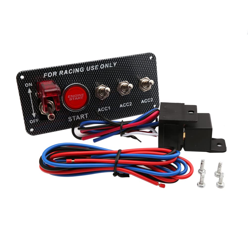 iSpchen 12V Zündschalter Panel Racing Kippschalter Panel Schalter Motor Ein-Knopf Start Druckknopf Schalter Panel Kohlefaser LED-Kippschalter für Rennauto von iSpchen